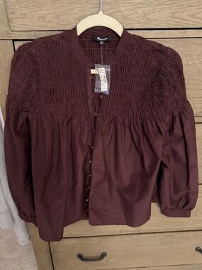 Madewell Smocked Yoke Button-Front Blouse - Brown